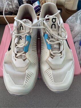 On Women's White Athletic Running Shoes with Blue Accents